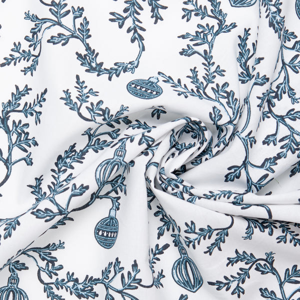 Christmas printed cotton - Leafs / Ornements - White / Bue