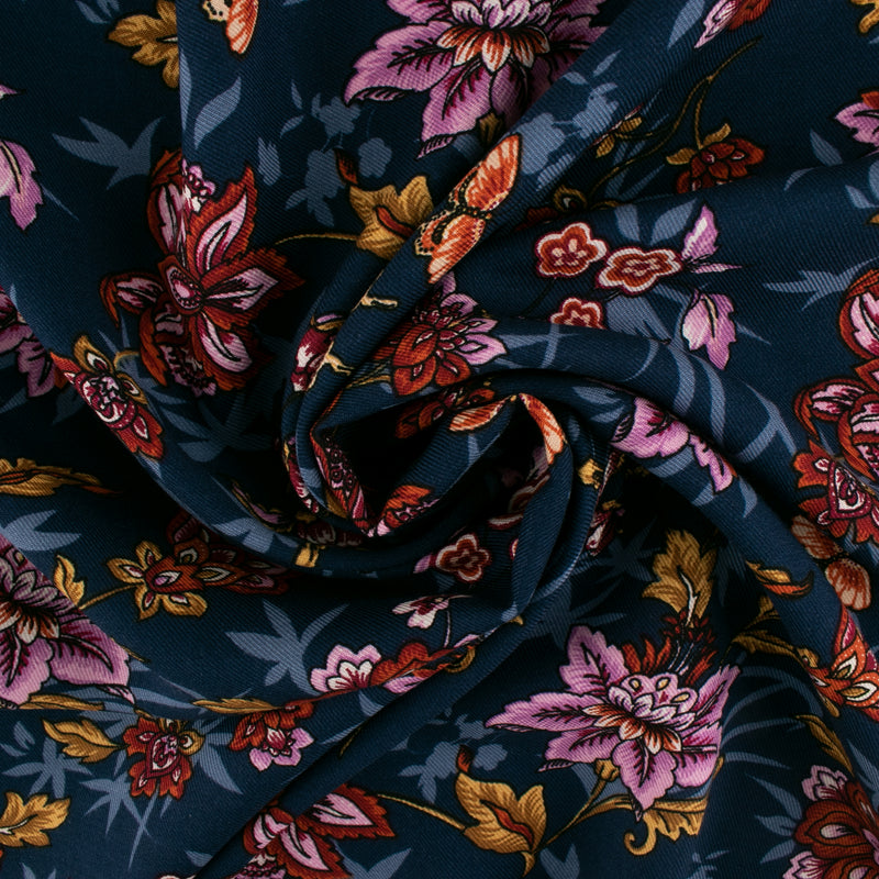 Printed Rayon - ANDREA - Florals / Butterfly - English blue