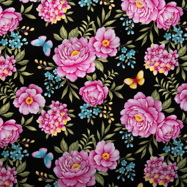 Floral Printed Cotton - ANISA - Peony / Butterfly - Black