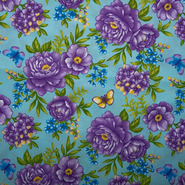 Floral Printed Cotton - ANISA - Peony / Butterfly - Baby blue