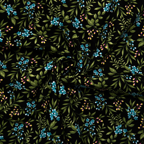 Floral Printed Cotton - ANISA - Leafs - Black