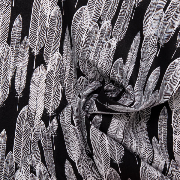 Coton imprimé noir et blanc - &lt;INKY&gt; - Plumes - Noir