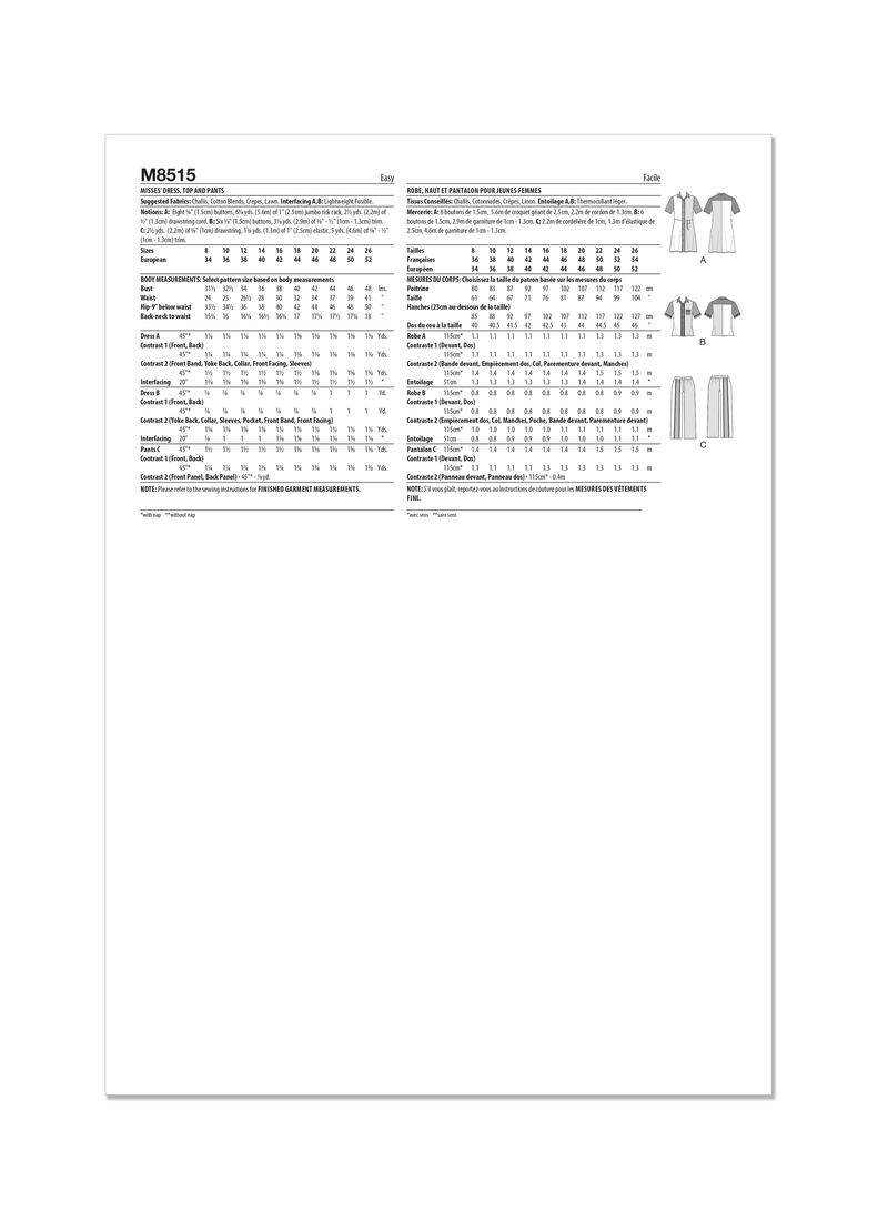 MCCALL'S - M8515 Misses' Dress, Top and Pants