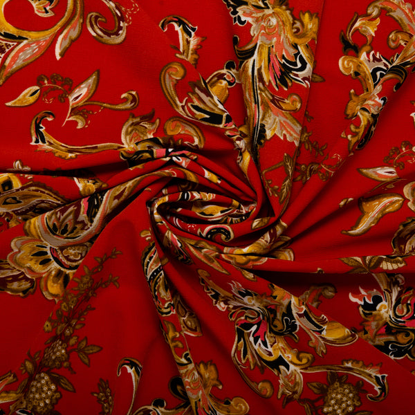 Crêpe polyester imprimé - FOLKLORE - Cachemire - Rouge
