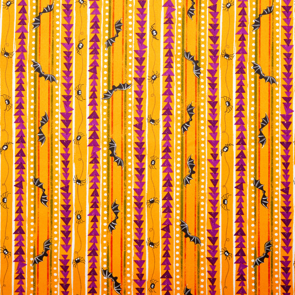 Printed cotton - SCAREDY CATS - Stripes / Spiders - Orange