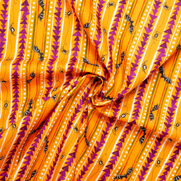 Printed cotton - SCAREDY CATS - Stripes / Spiders - Orange