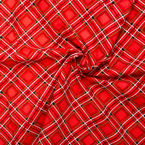 Coton imprimé - <HOLIDAY GREETINGS> - Carreau diagonal - Rouge