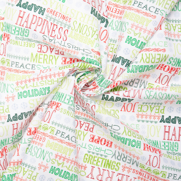 Printed Cotton - HOLIDAY GREETINGS - Writing - White