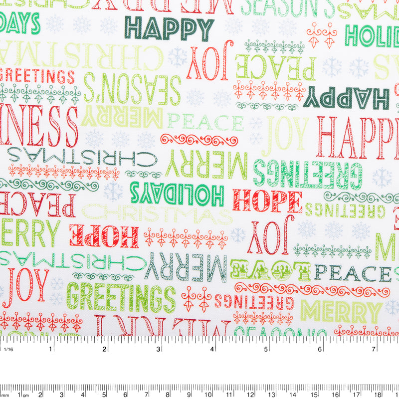 Printed Cotton - HOLIDAY GREETINGS - Writing - White
