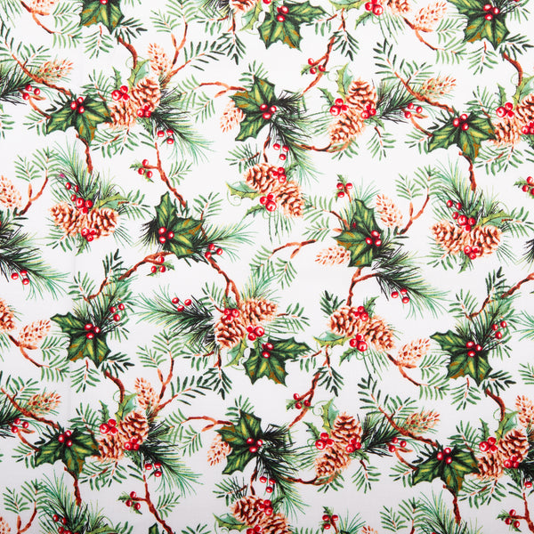 Printed Cotton - HOLIDAY GREETINGS - Pine cone - White