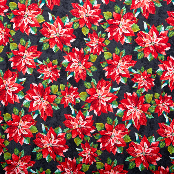 Printed Cotton - HOLIDAY GREETINGS - Poinsettia - Black