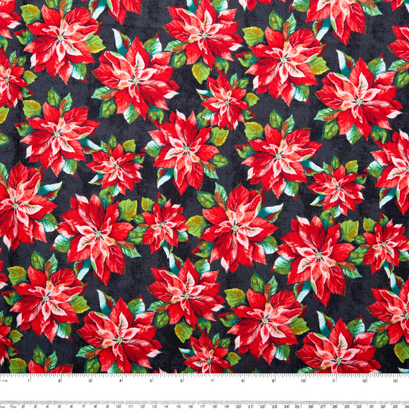 Printed Cotton - HOLIDAY GREETINGS - Poinsettia - Black