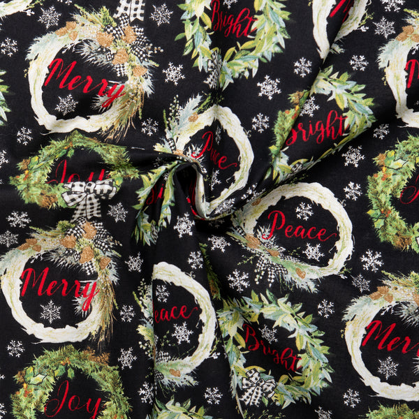 Printed Cotton - FARMHOUSE CHRISTMAS - Christmas wreath - Black