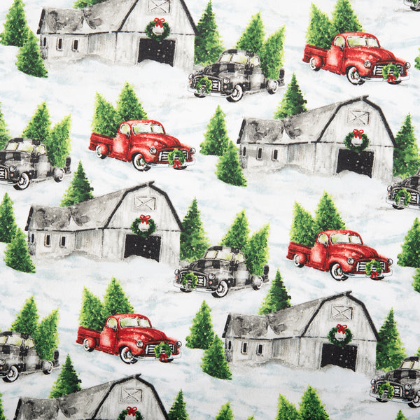 Printed Cotton - FARMHOUSE CHRISTMAS - Truck / Barn - White