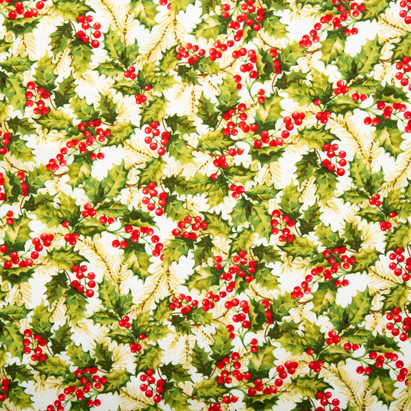 Printed Cotton - HOLLY BERRY PARK - Berries / Leafs - White