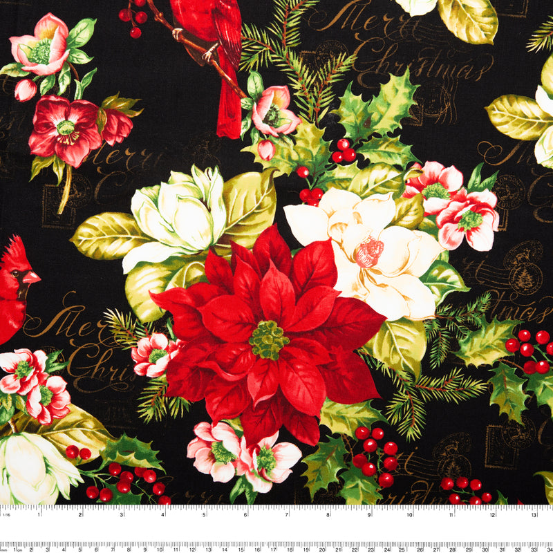 Printed Cotton - HOLLY BERRY PARK - Poinsettia - Black