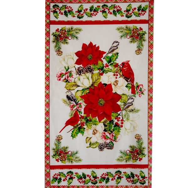 Printed Cotton - HOLLY BERRY PARK - Panel bird 24'' x 44'' (65cm x 112cm) - Red