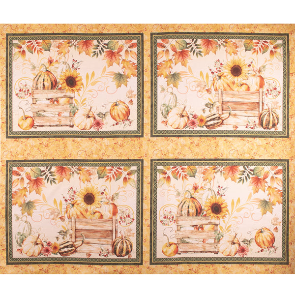 Printed Cotton - FALL INTO AUTUMN - Pumpkin panel 36'' x 44'' (90cm x 112cm) - Yellow