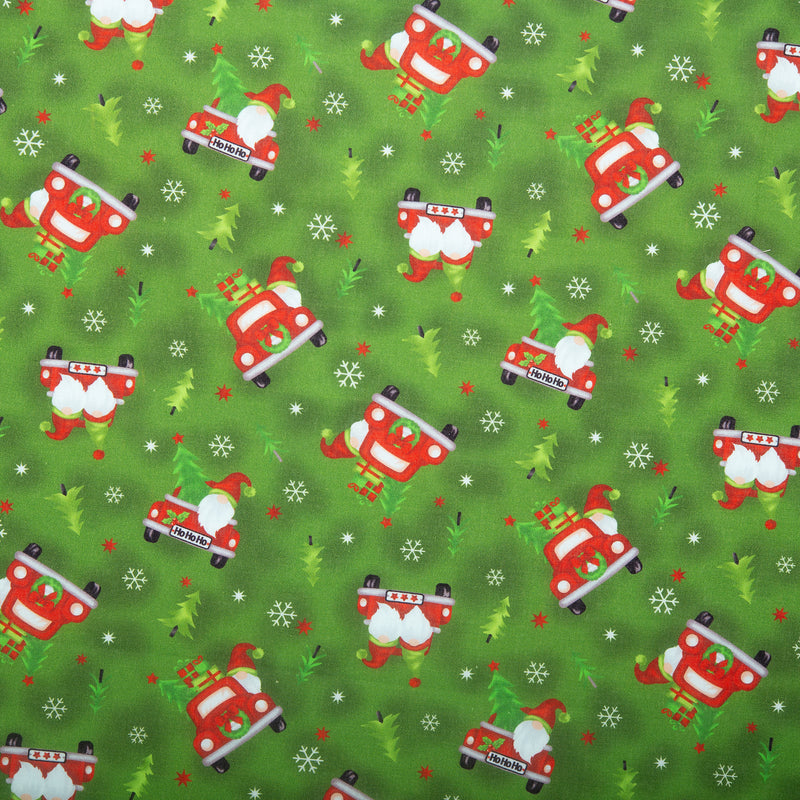 Printed Cotton - HOLIDAY MINIS - Gnome cars - Green