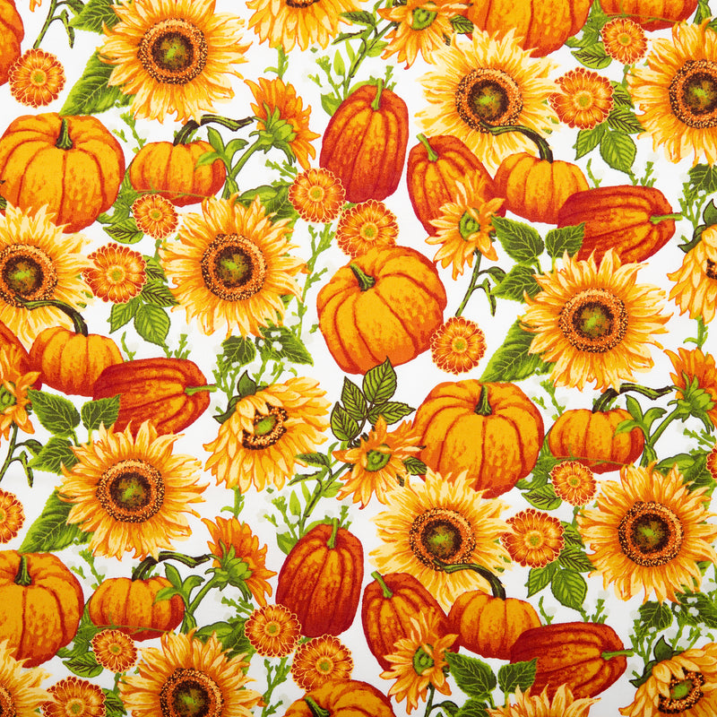 Printed Cotton - HARVEST FESTIVAL - Sunflowers / Pumpkin - White