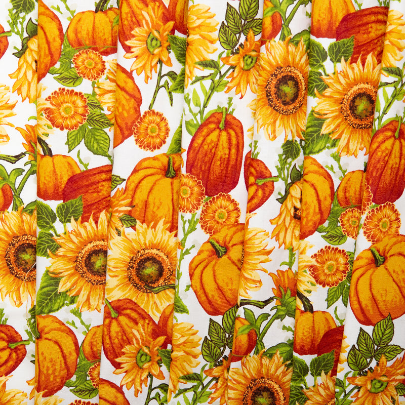 Printed Cotton - HARVEST FESTIVAL - Sunflowers / Pumpkin - White