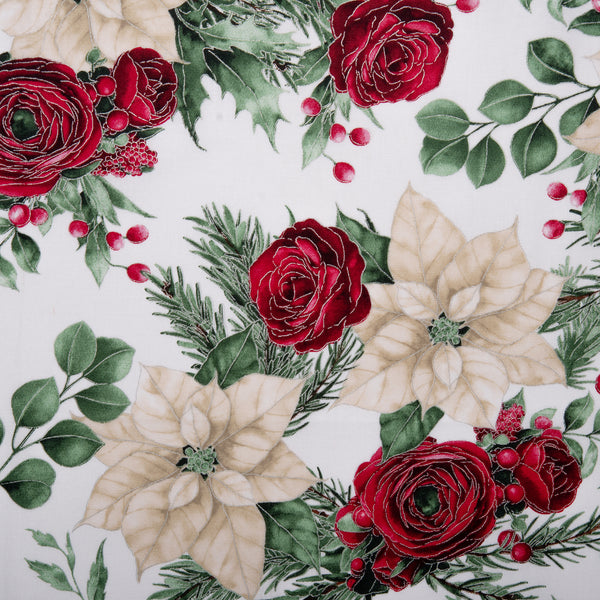 Coton imprimé - NOàL àLàGANCE - Poinsettia / Roses - Blanc