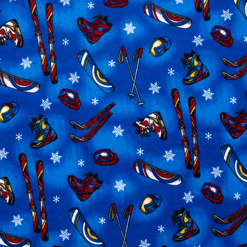 Christmas Flannelette Print - Winter Sports - Blue