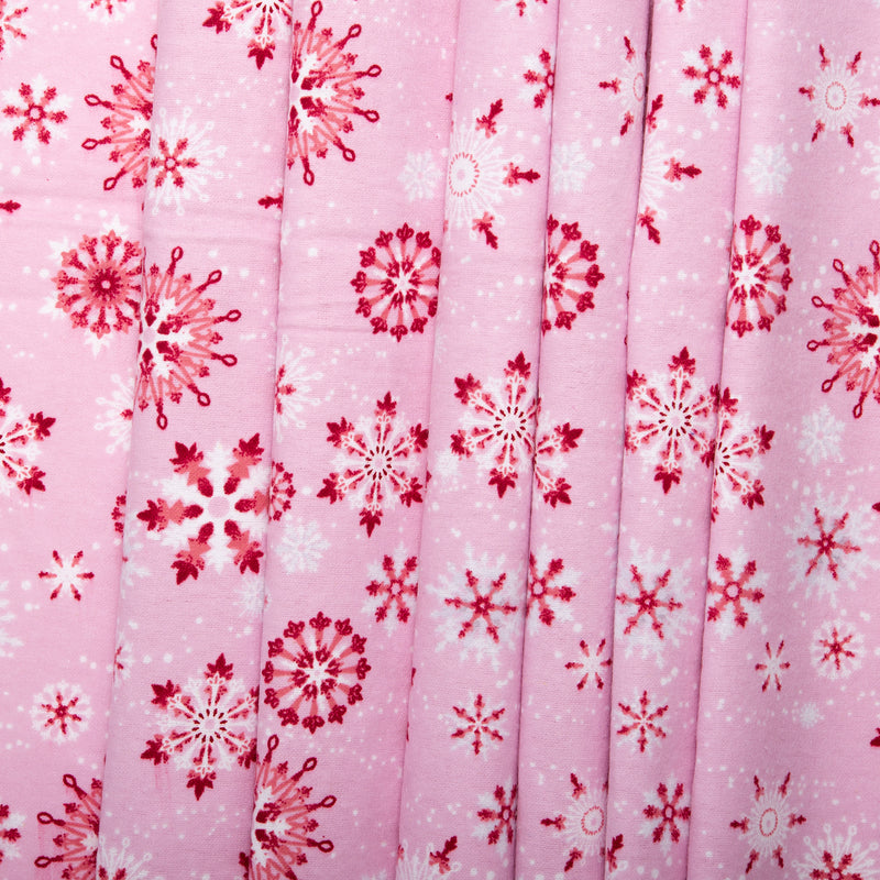 Christmas Flannelette Print - Snowflakes - Pink