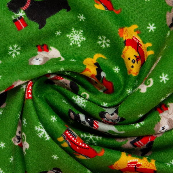 Christmas flannelette print - CHARLIE - Christmas dogs - Green
