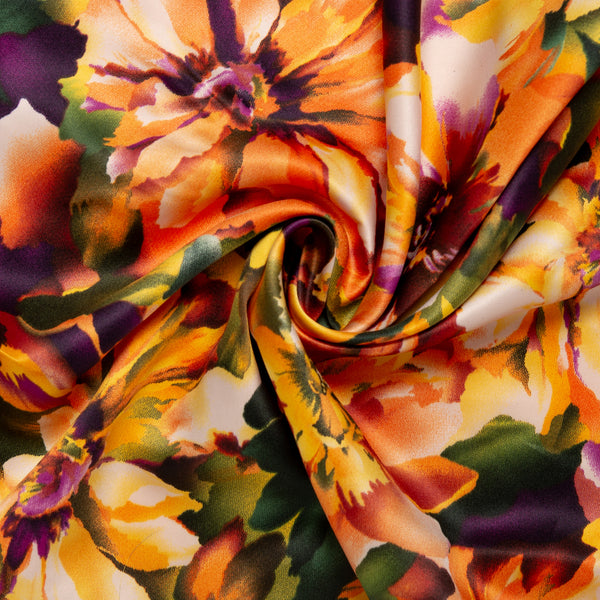 Printed Satin Velvet - CHARLOTTE - Chrysanthemum - Orange