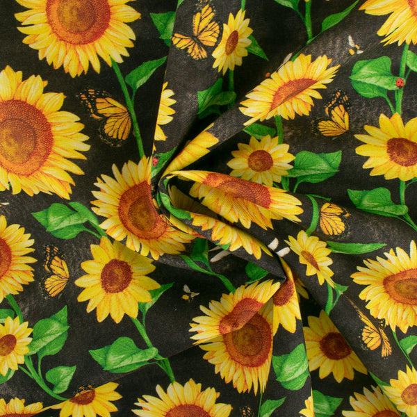 Printed Cotton - SUNSHINE DAYDREAM - Sunflower / Butterfly - Black