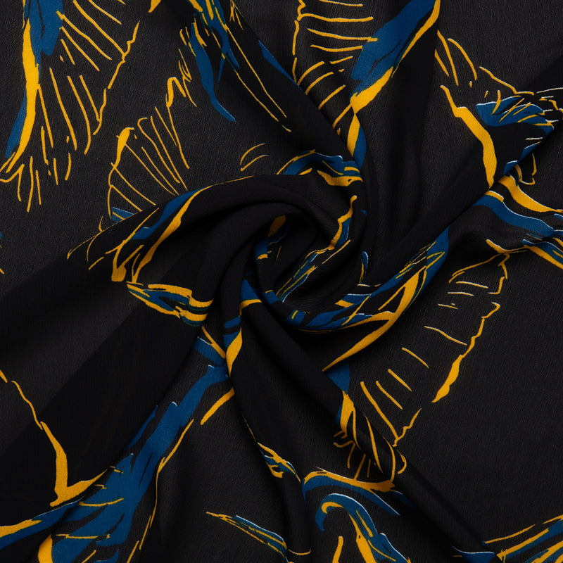 Tissu de polyester imprimé Fantaisie - Feuille tropical - Noir / Bleu / Jaune