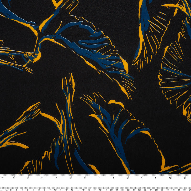Tissu de polyester imprimé Fantaisie - Feuille tropical - Noir / Bleu / Jaune