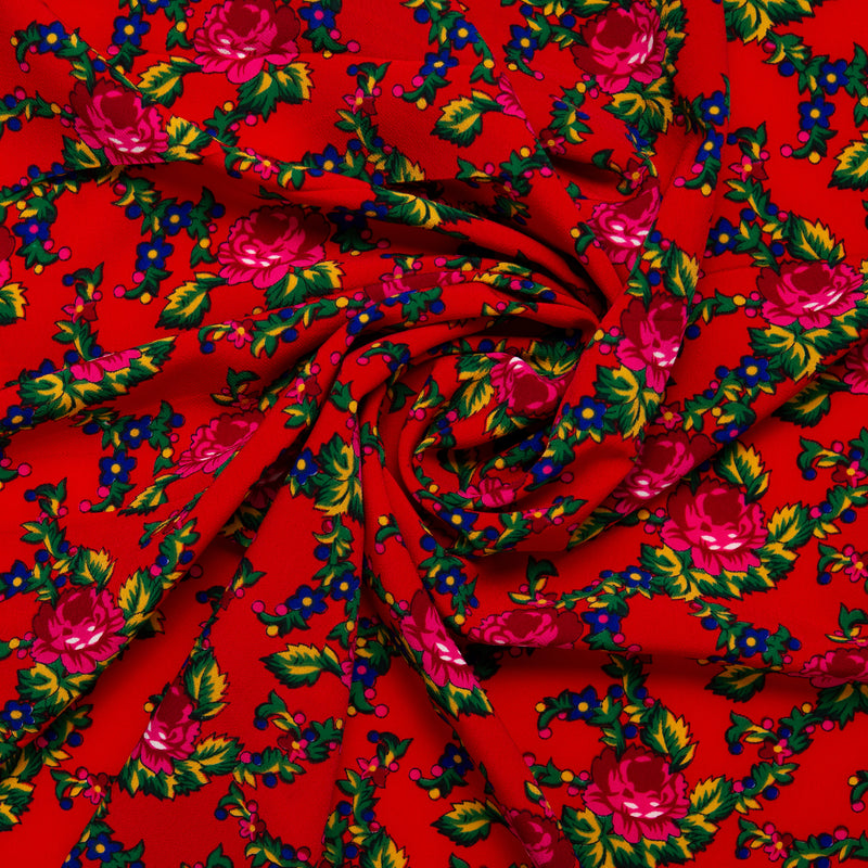 Tissu de polyester imprimé Fantaisie - Roses - Rouge / Vert