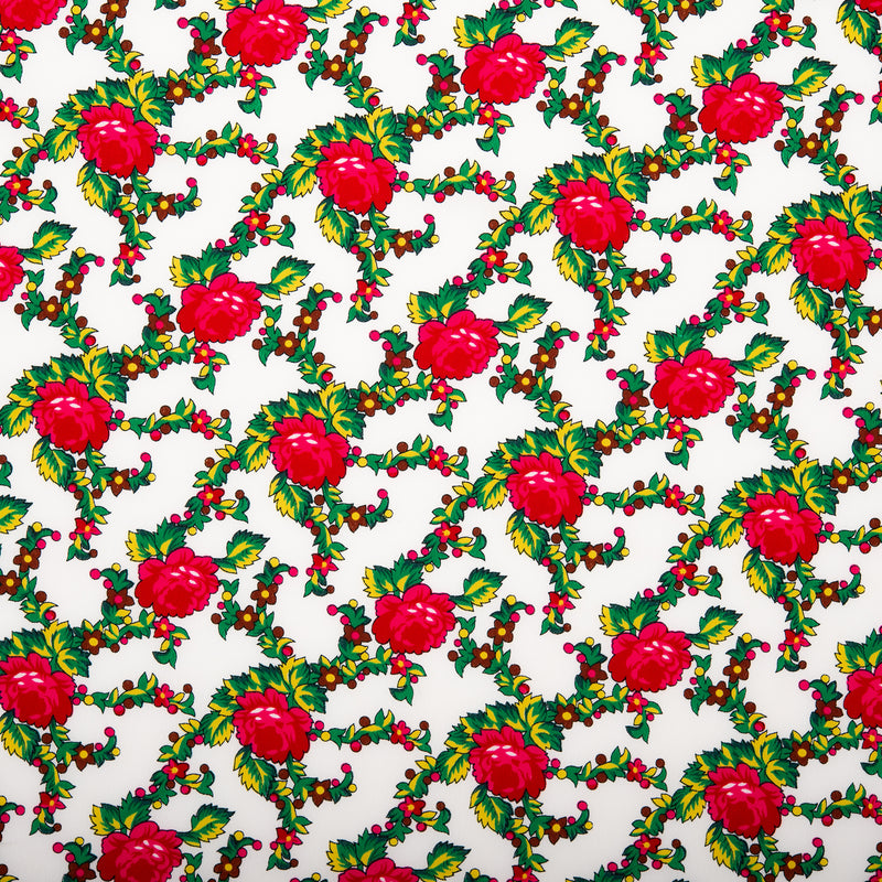 Tissu de polyester imprimé Fantaisie - Roses - Blanc / Vert