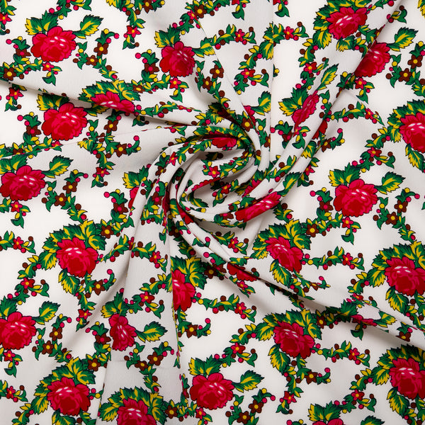Tissu de polyester imprimé Fantaisie - Roses - Blanc / Vert