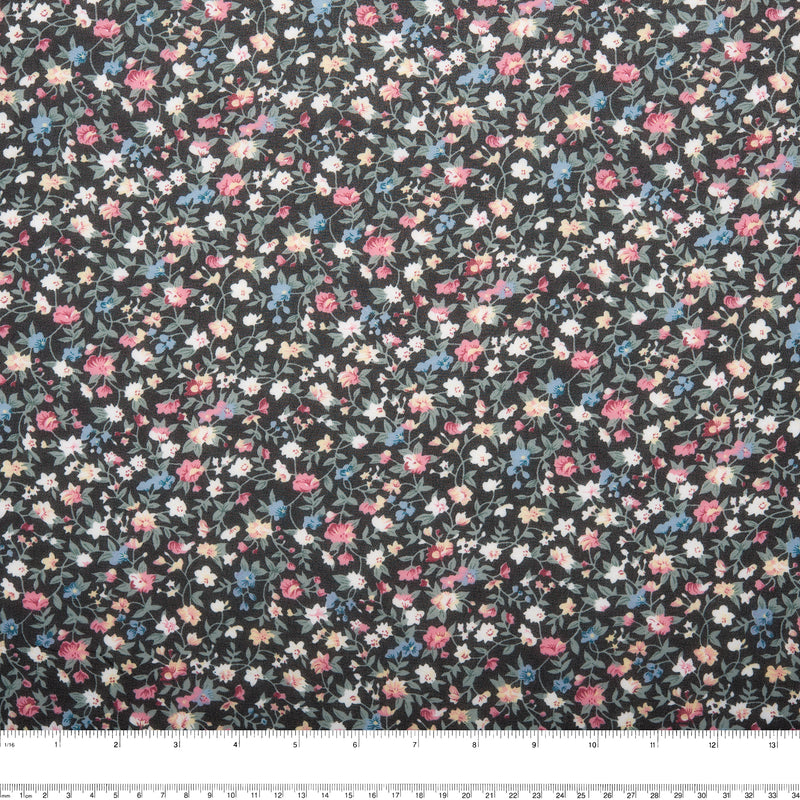 Tissu de polyester imprimé Fantaisie - Bébé fleurs - Noir / Bleu / Rose