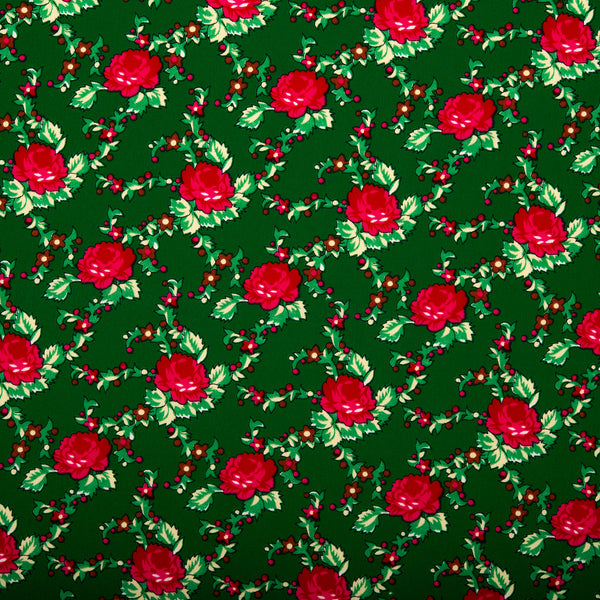 Tissu de polyester imprimé Fantaisie - Roses - Vert / Rouge