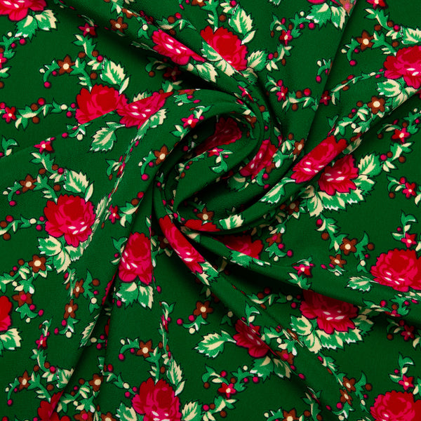Tissu de polyester imprimé Fantaisie - Roses - Vert / Rouge