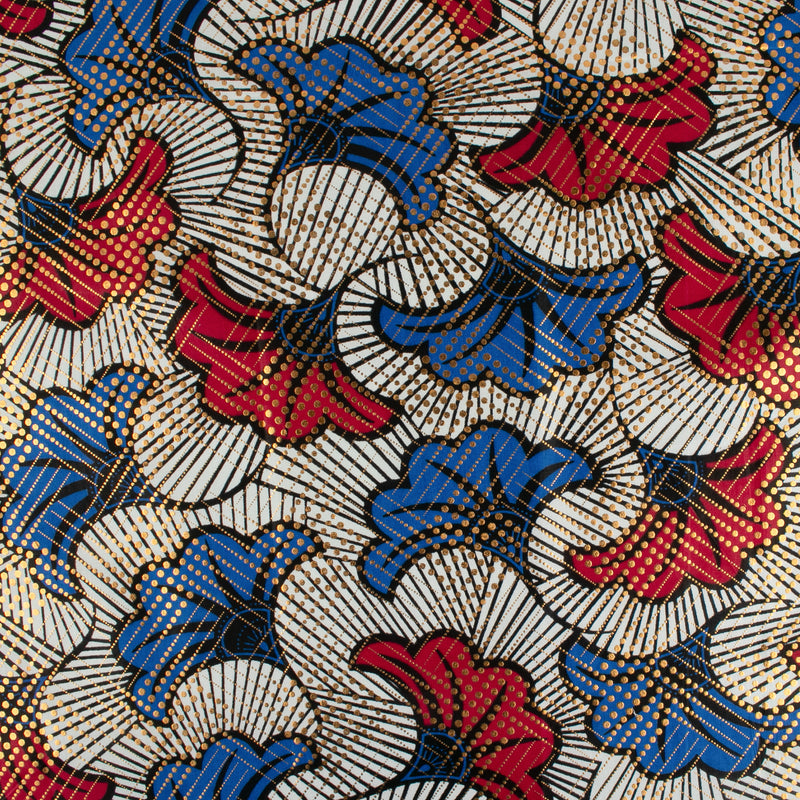 Imprimé métallique africain - Feuilles - Rouge / Bleu