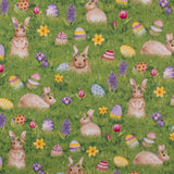 EASTER Printed Cotton - Bunnies and Eggs on grass - Green