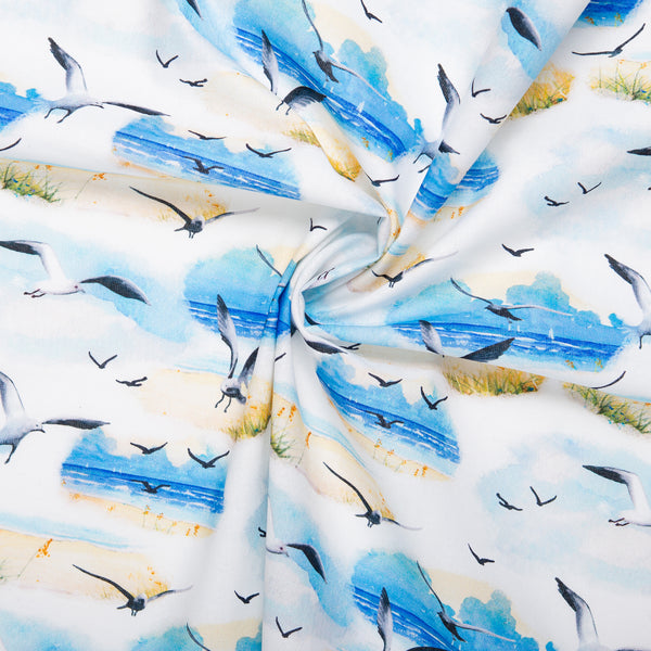 Digital Cotton Print - SEA LIFE - Gull - White / Blue