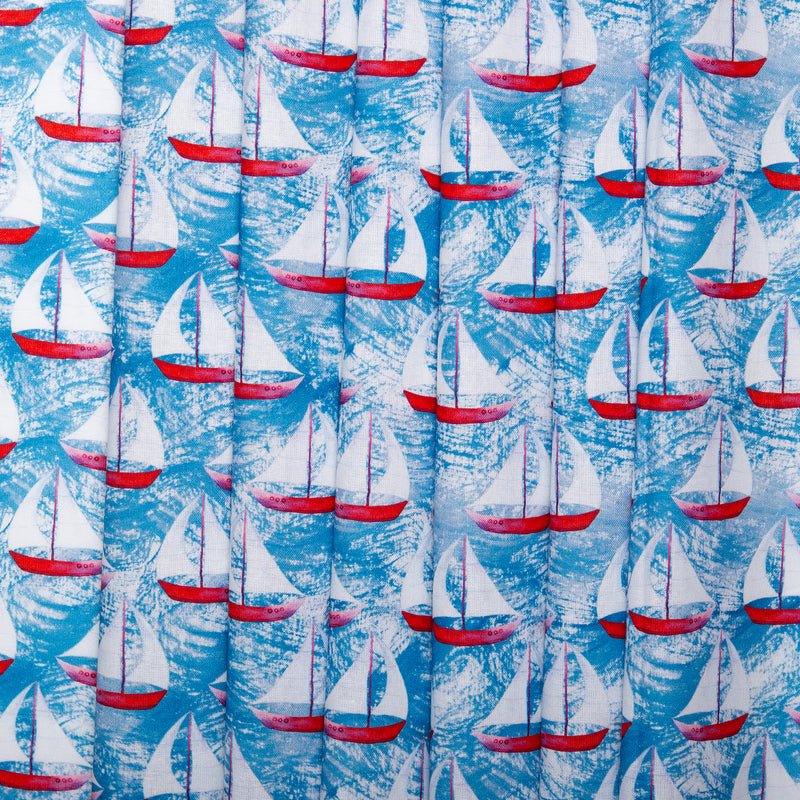 Digital Cotton Print - SEA LIFE - Sailboat -  Blue