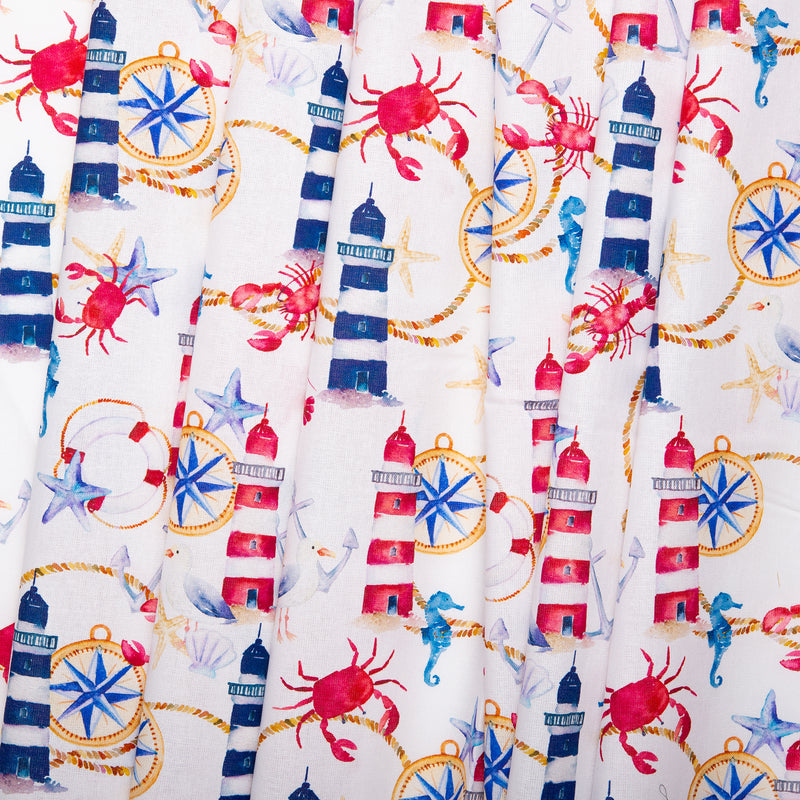 Digital Cotton Print - SEA LIFE - Lighthouse / Lobster - White