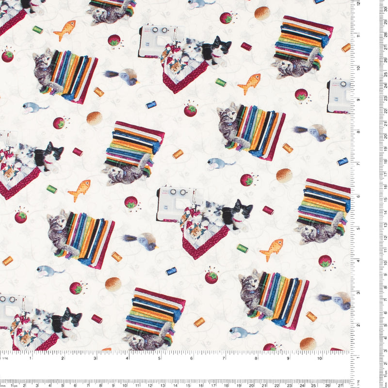 Printed Cotton - QUILTED KITTIES - 001 - White