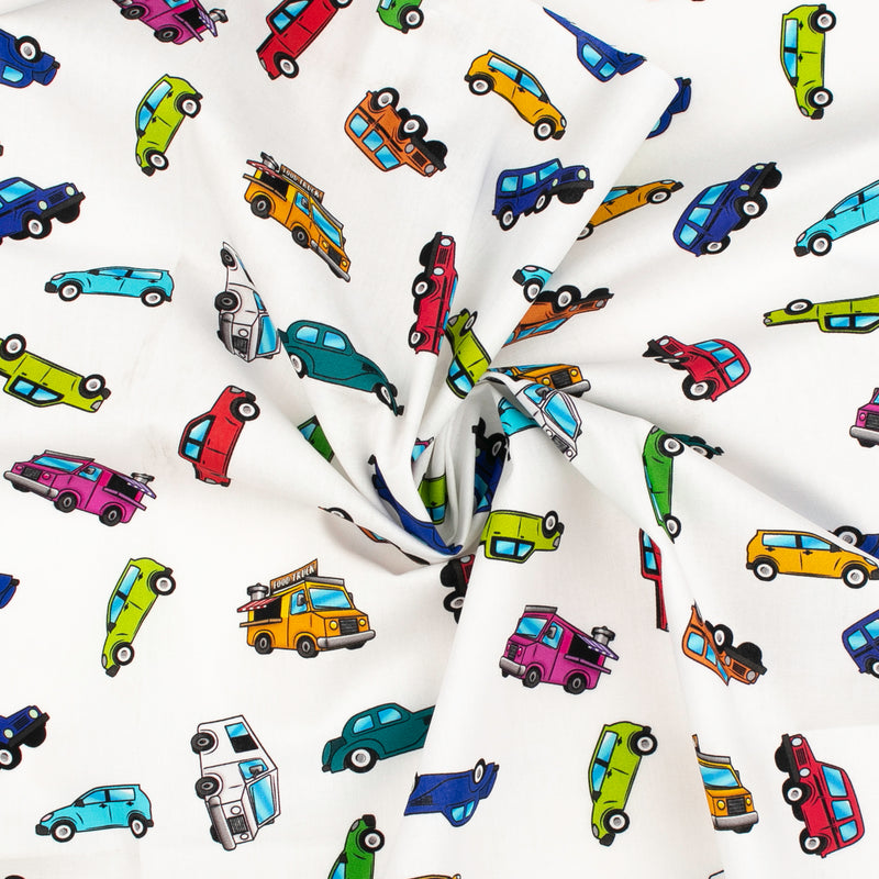 Digital Printed Cotton - AROUND TOWN - Cars & Trucks - White