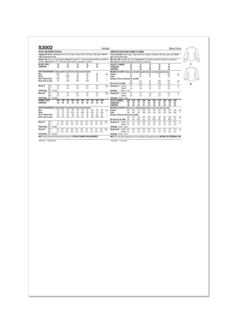 Simplicity S3002 - MISSES' AND WOMEN'S BLOUSES