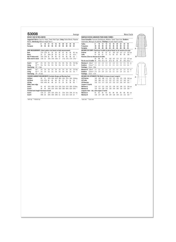 Simplicity S3008 - MISSES' COAT IN TWO LENGTHS