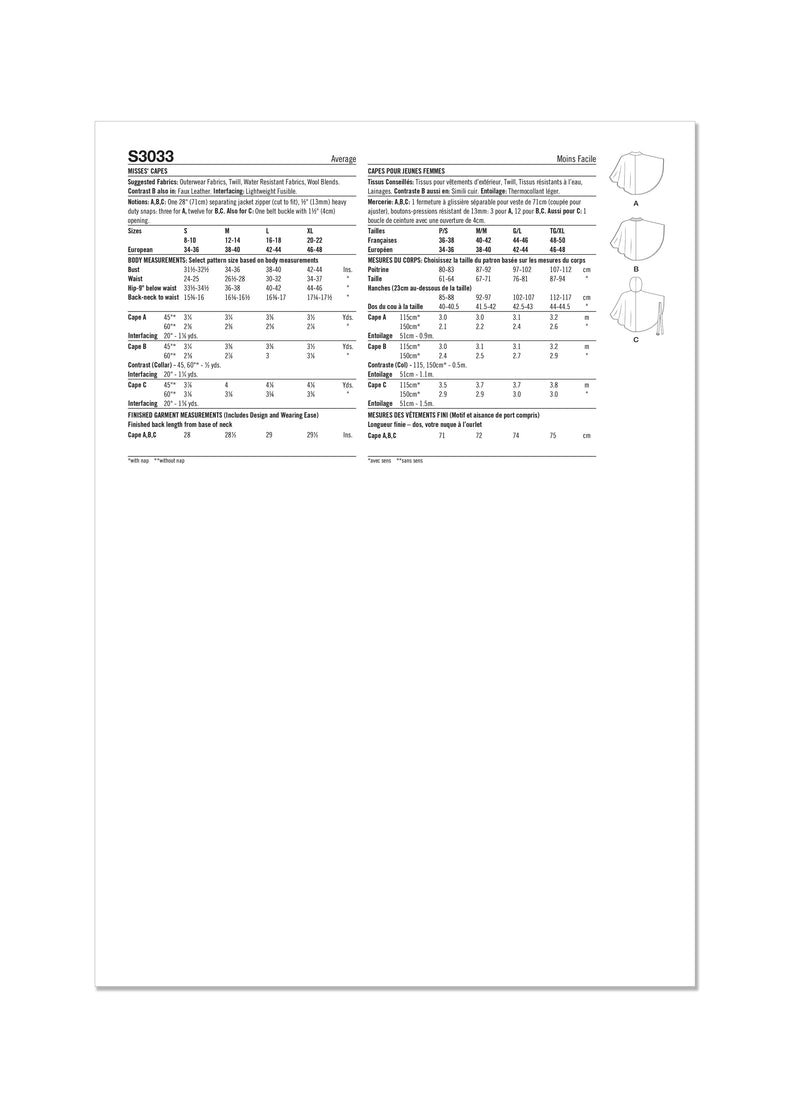 Simplicity S3033 -  MISSES' CAPES