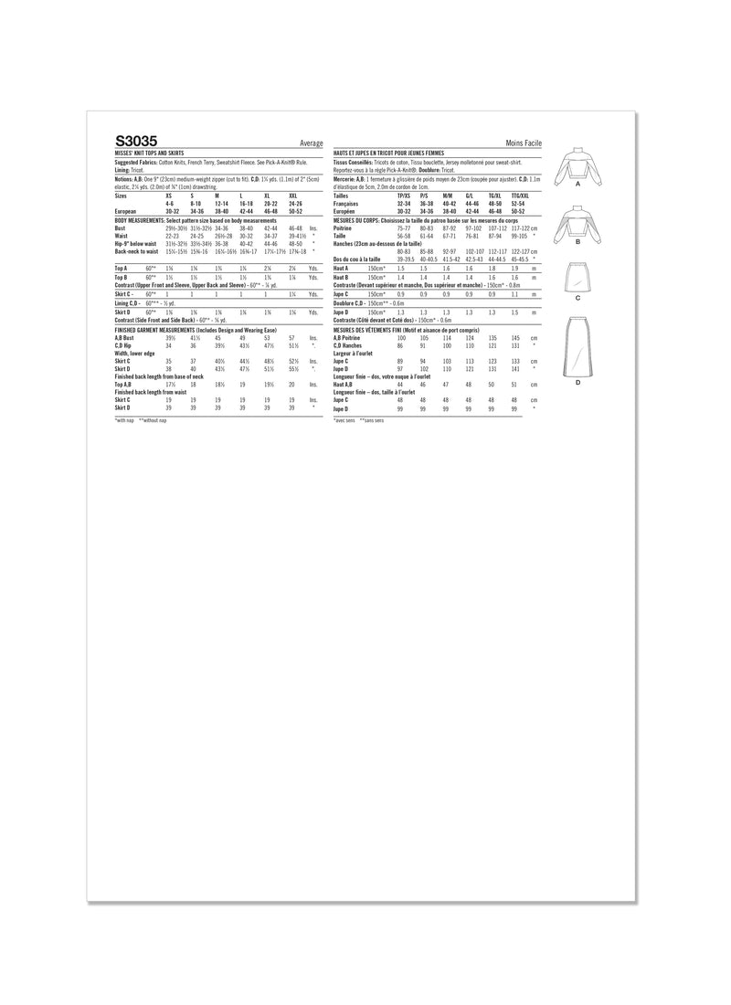Simplicity S3035 - MISSES' KNIT TOPS AND SKIRTS